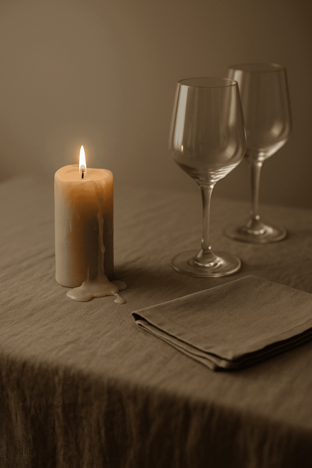 Ivory beewax pillar candle with soft wax drip beside two wine glasses and a folded linen napkin on a neutral table.