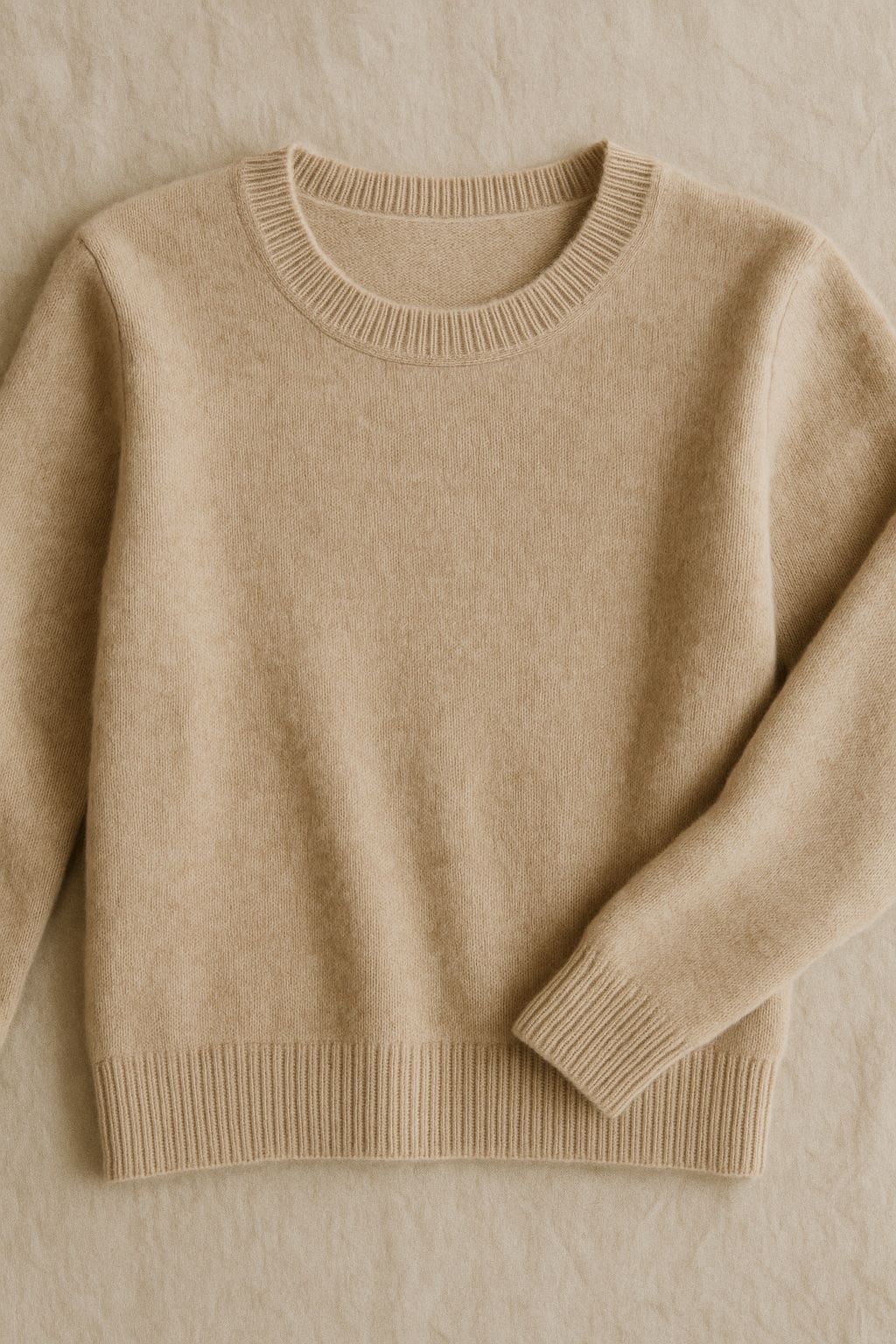 Folded beige cashmere sweater resting on soft natural linen background in natural light - soft texture and refined ease makes this a quiet luxury knitwear essential for the modern professional capsule wardrobe.