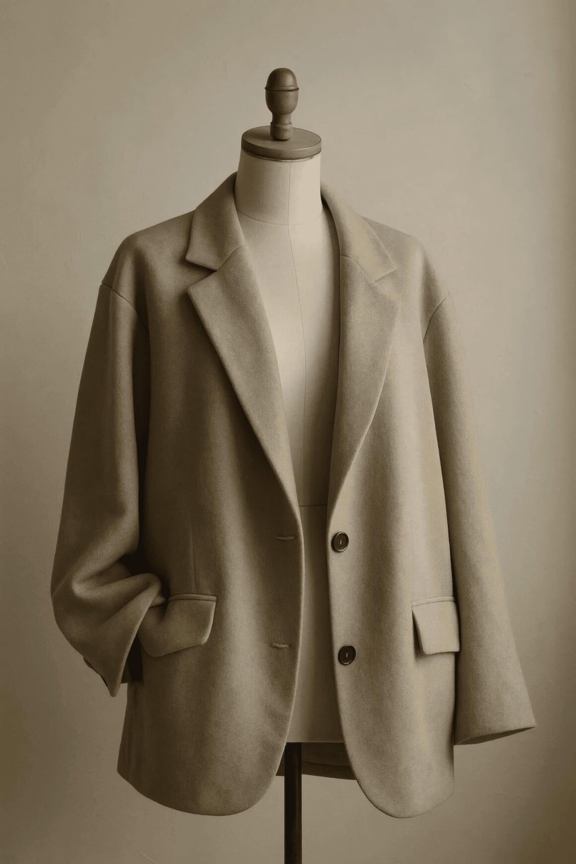 A beige wool blazer displayed on a dress form, illustrating the architectural foundations of the modern professional capsule wardrobe.