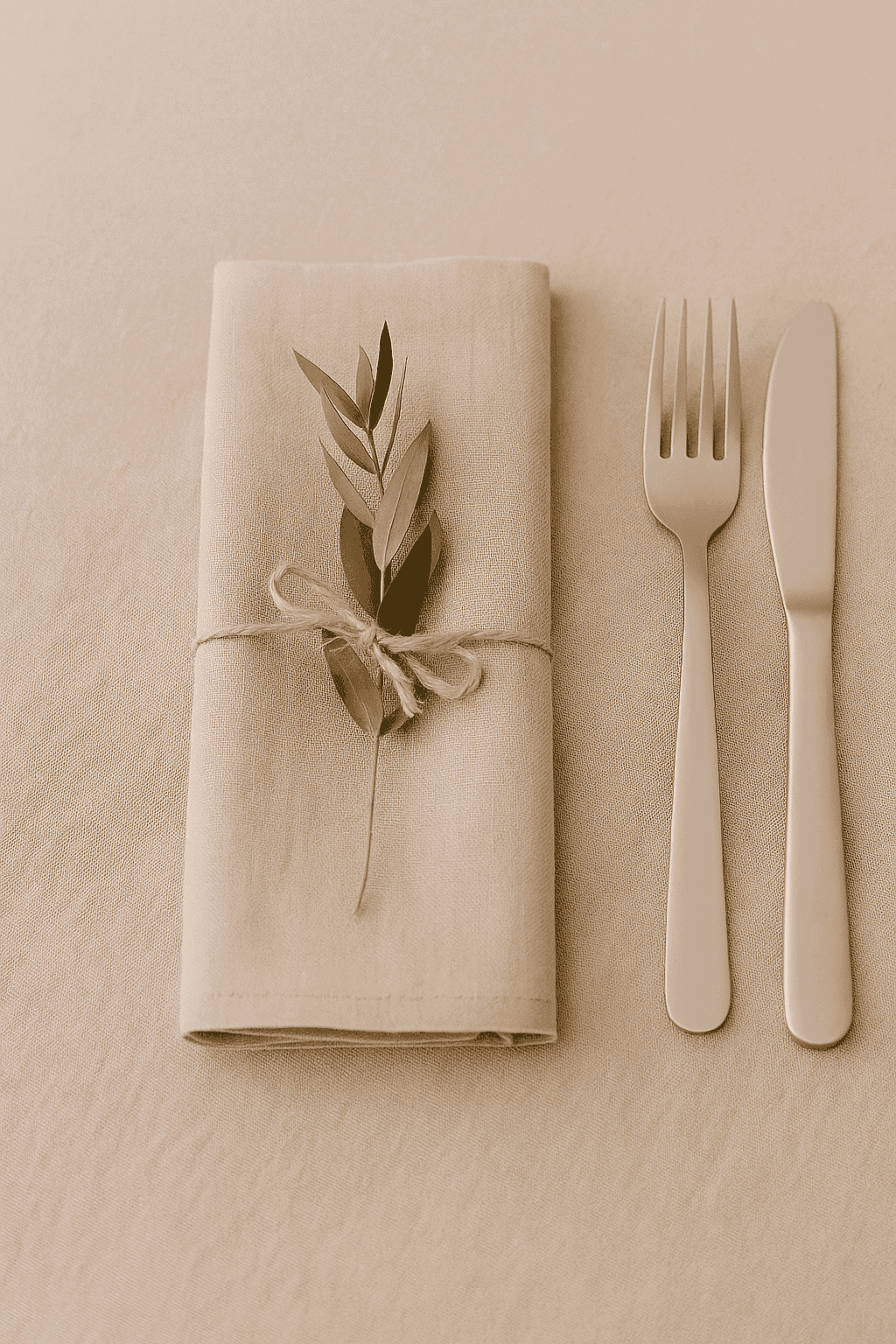 Neutral linen napkin tied with twine and an olive sprig next to matte flatware on a warm neutral table.