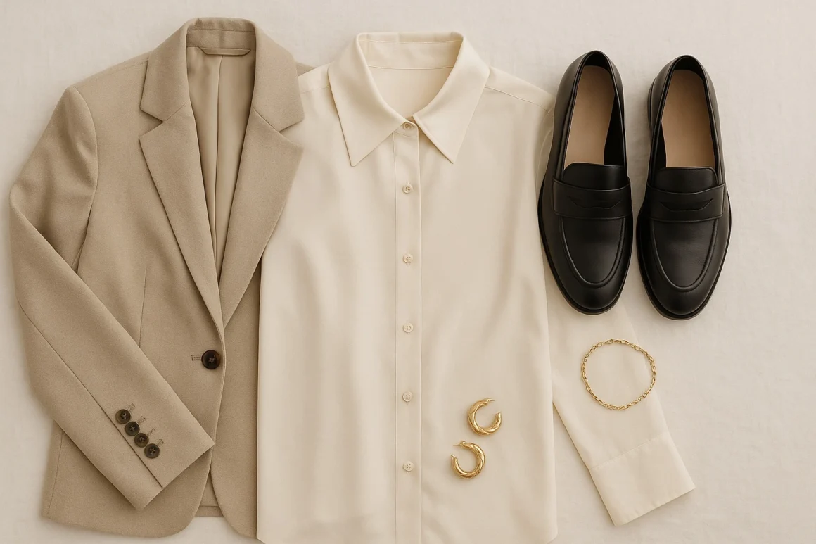 Neutral flatlay featuring a beige blazer, ivory silk blouse, black loafers, and gold jewelry — illustrating the modern capsule wardrobe.