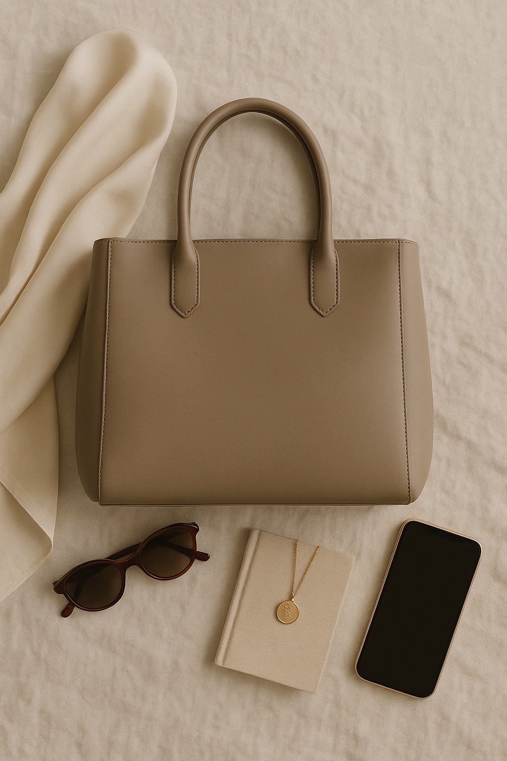 A neutral taupe structured leather tote bag styled with a silk scarf, sunglasses, and gold jewelry on a soft linen background, photographed in natural light, representing understated confidence and quiet refinement for a quiet luxury capsule wardrobe.