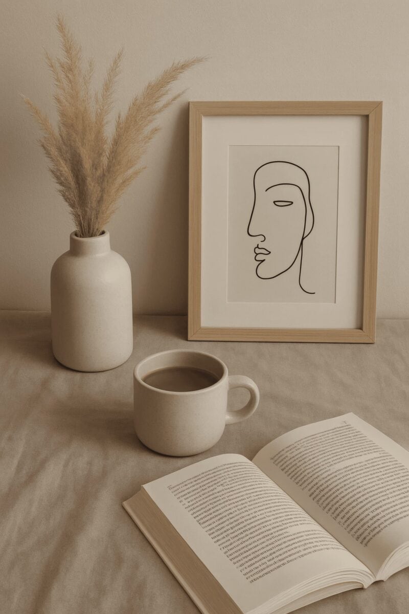 Minimalist still life with framed line art, ceramic coffee cup, and open book - symbolizing reflective calm and modern quiet luxury.