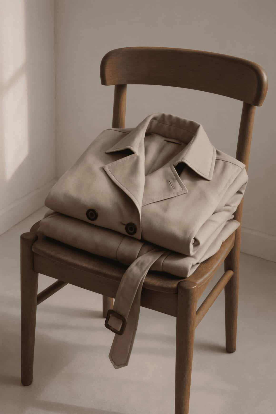 Folded neutral trench coat resting on a wooden chair in soft natural light, illustrating quiet luxury through restraint and care.