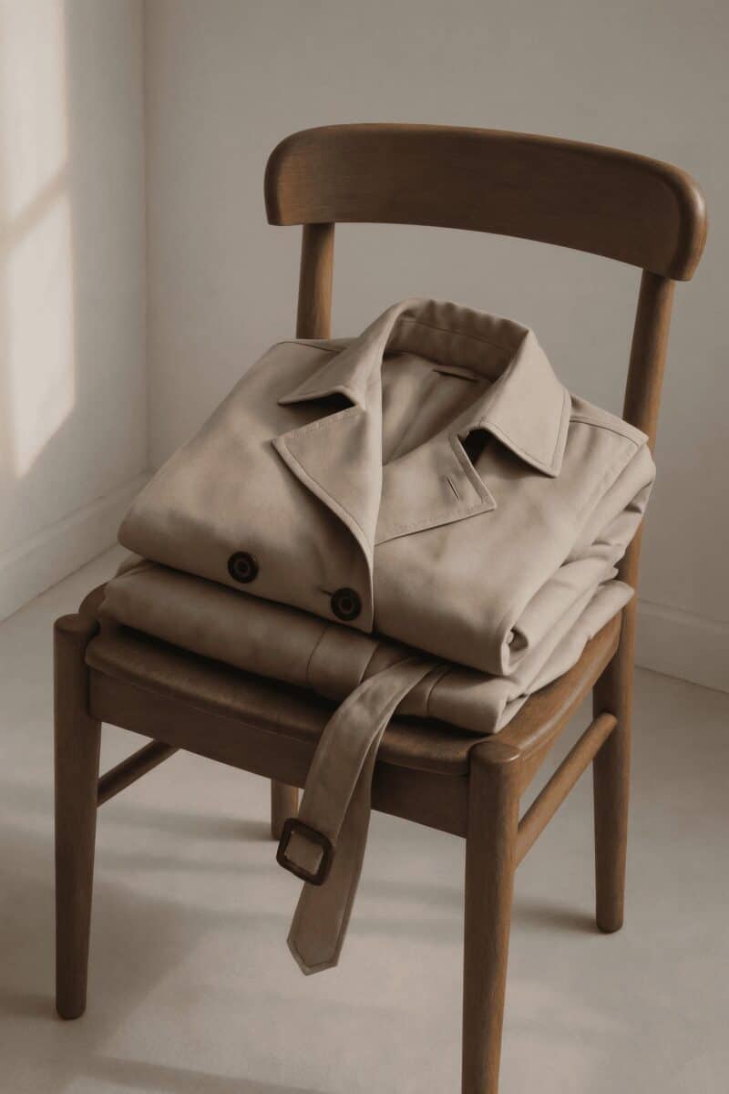 Folded beige trench coat on wooden chair in soft light — embodying timeless, functional elegance.