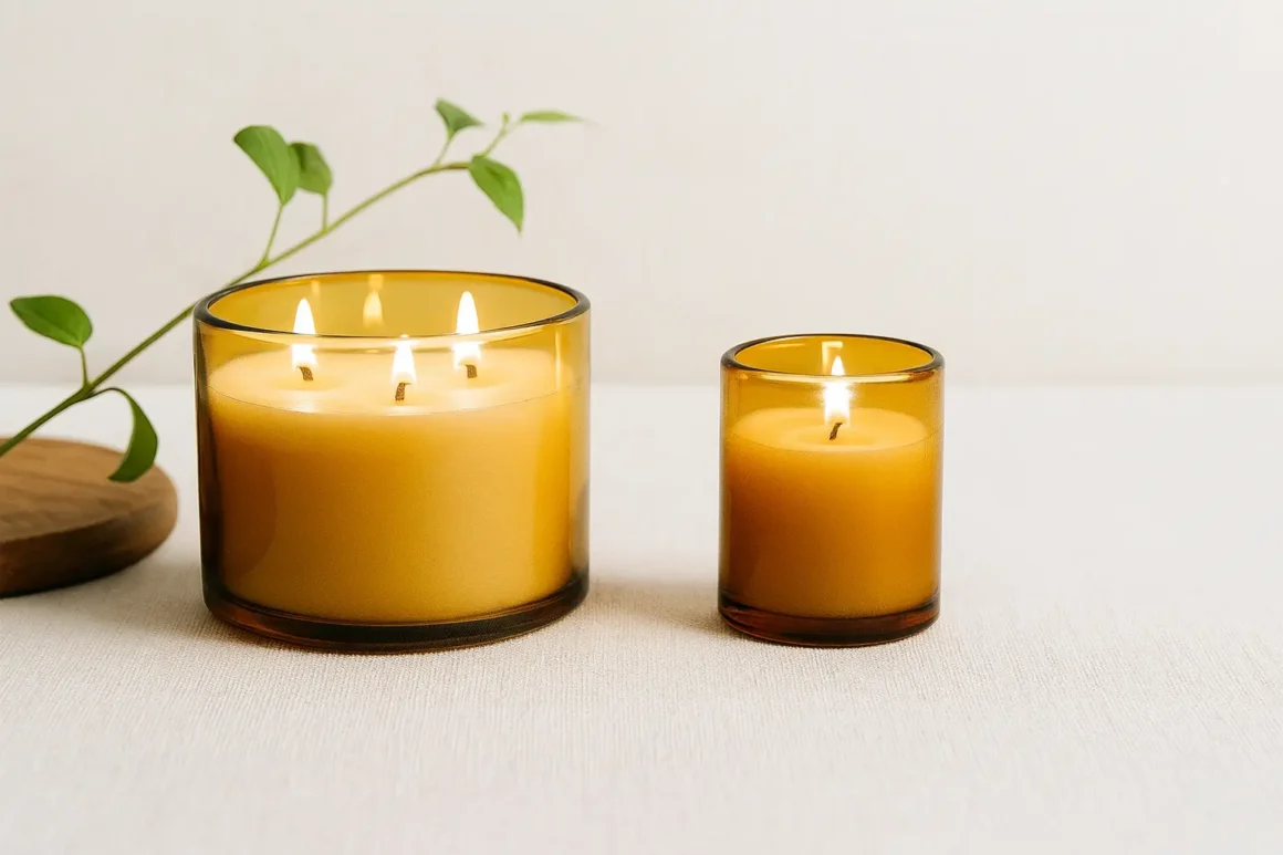 Two beeswax candles in amber glass holders glowing softly on a light surface against a neutral background.