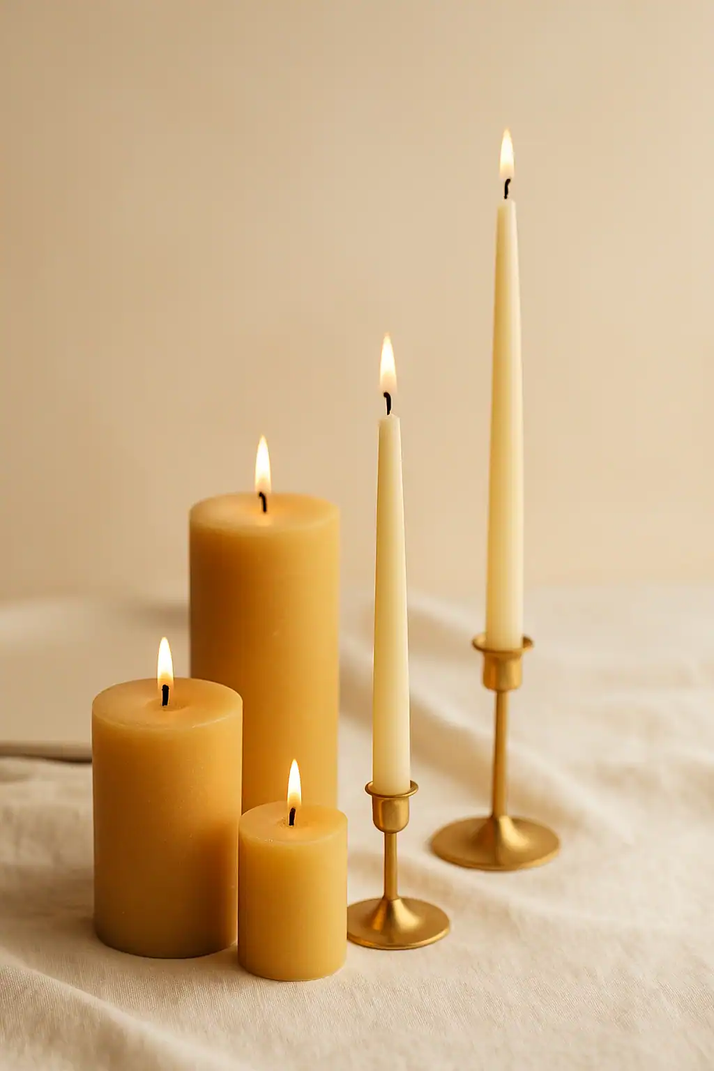 An arrangement of lit pillar candles and taper candles in simple candleholders on top of a neutral linen tablecloth.