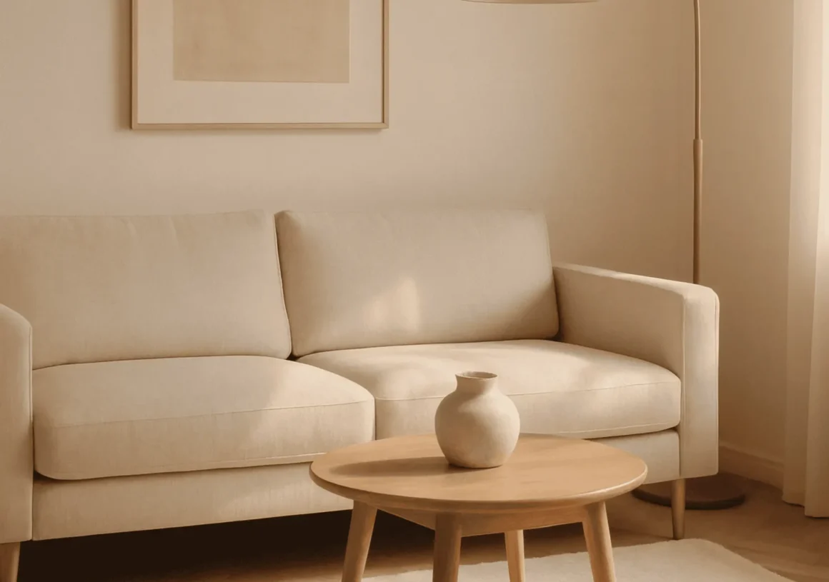 Neutral living room with sofa, rug, and small side table — a quiet luxury home scene in warm light.