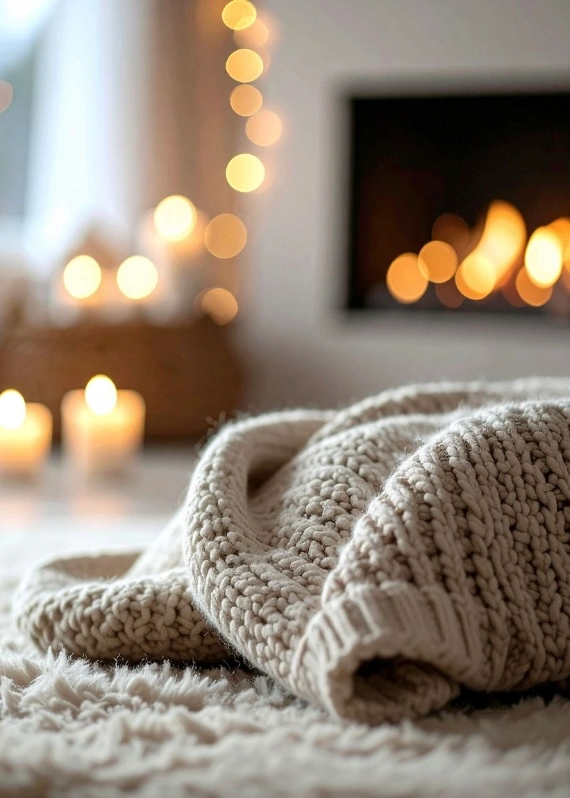 A soft knit blanket rests near a glowing fireplace, surrounded by candlelight — a quiet invitation to pause and embrace stillness.