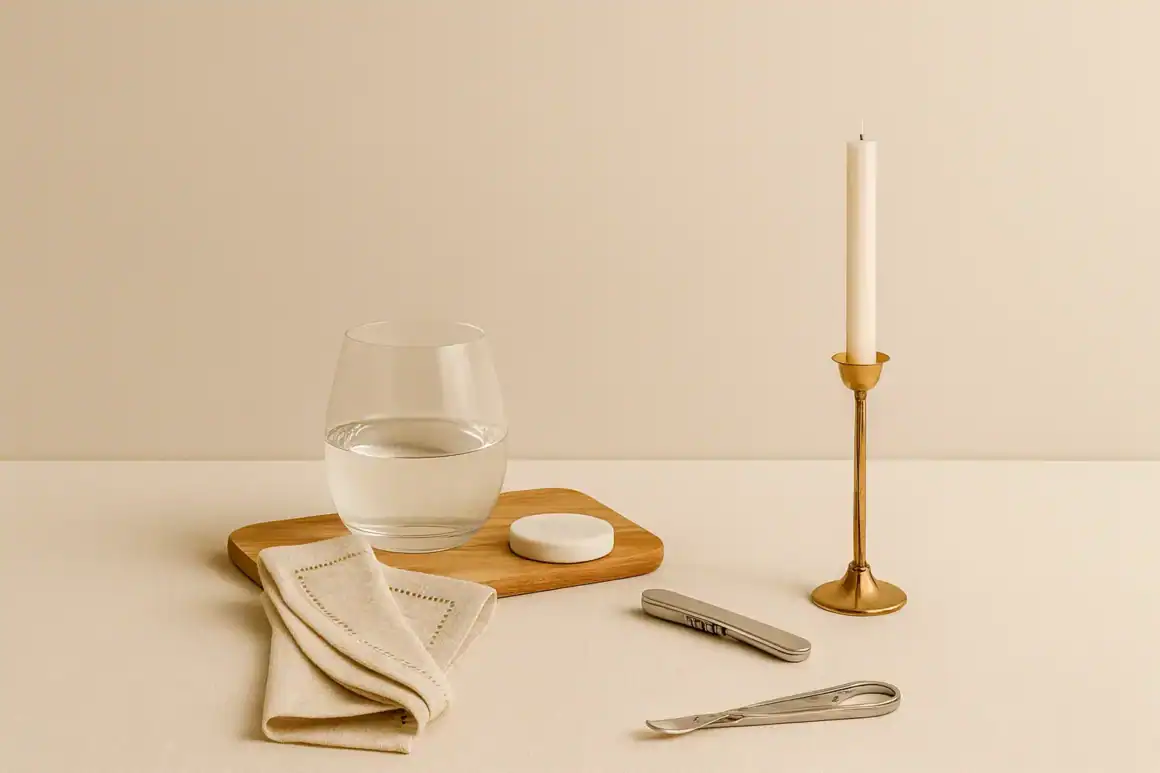 Minimalist host gift still life with linen napkin, stemless glass, beeswax candle, and brass corkscrew on a neutral surface.