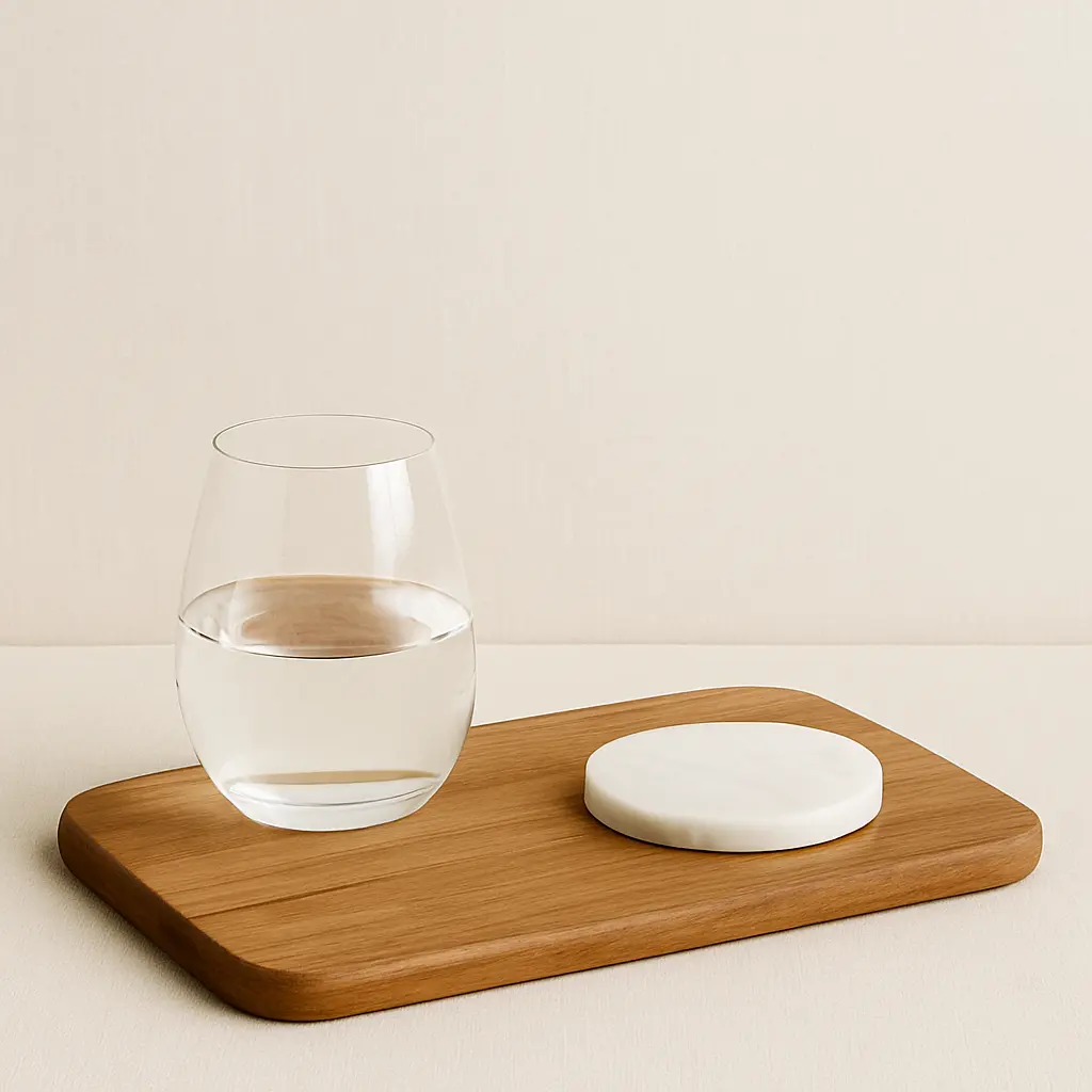 Minimalist tabletop with a glass of water on a wooden board, and a white stone disc — a calm, edited surface.