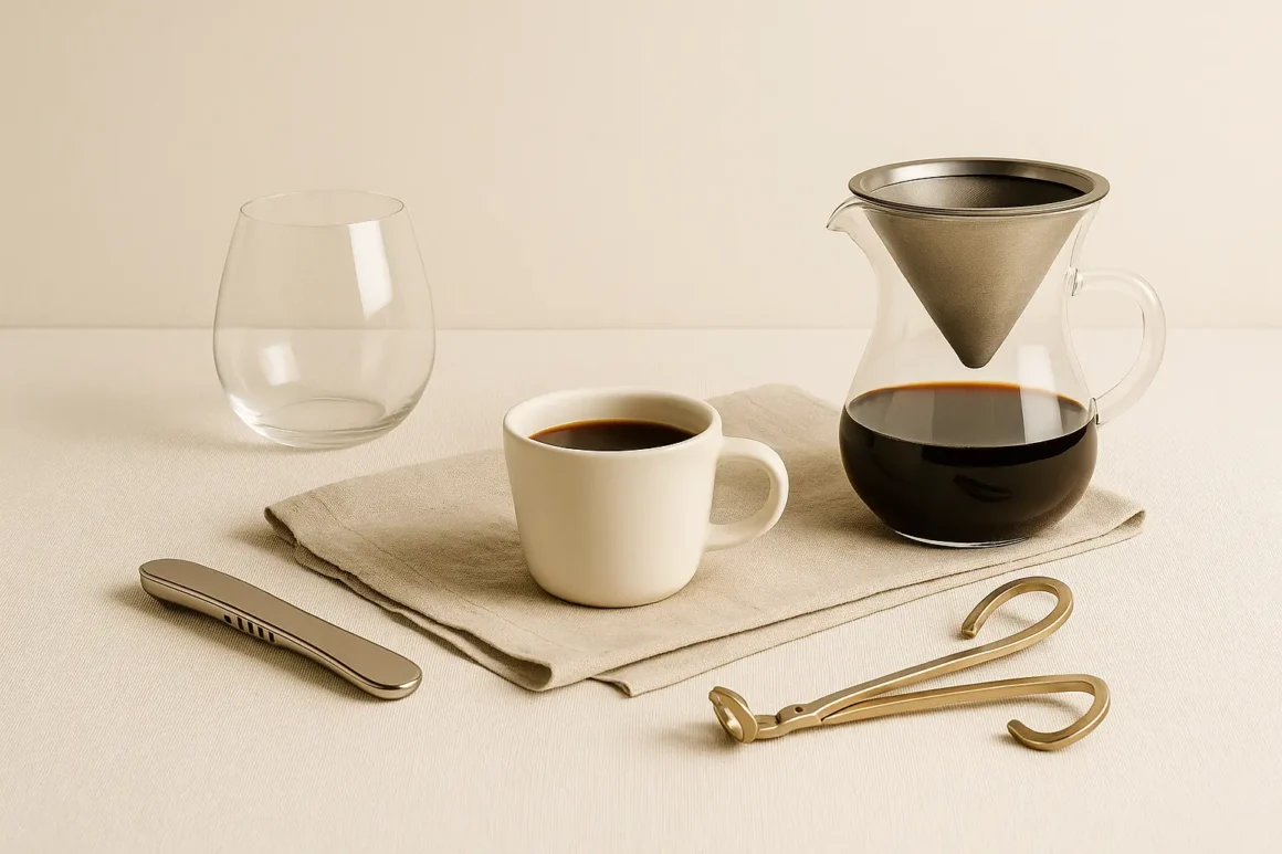 Minimalist tabletop with Kinto coffee carafe, mug with coffee, stemless wine glass, linen cloth, sculptural corkscrew and brass candle wick — a calm scene for a quiet reset at home.