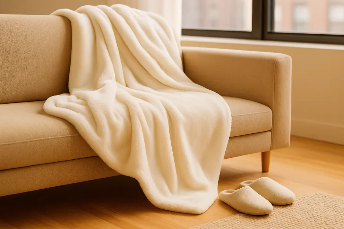 Creating a new slow living ritual can be as easy as a comfortable throw and slippers you reach for daily — a neutral sofa with a soft cream throw draped over the arm and cozy slippers on a warm wood floor.