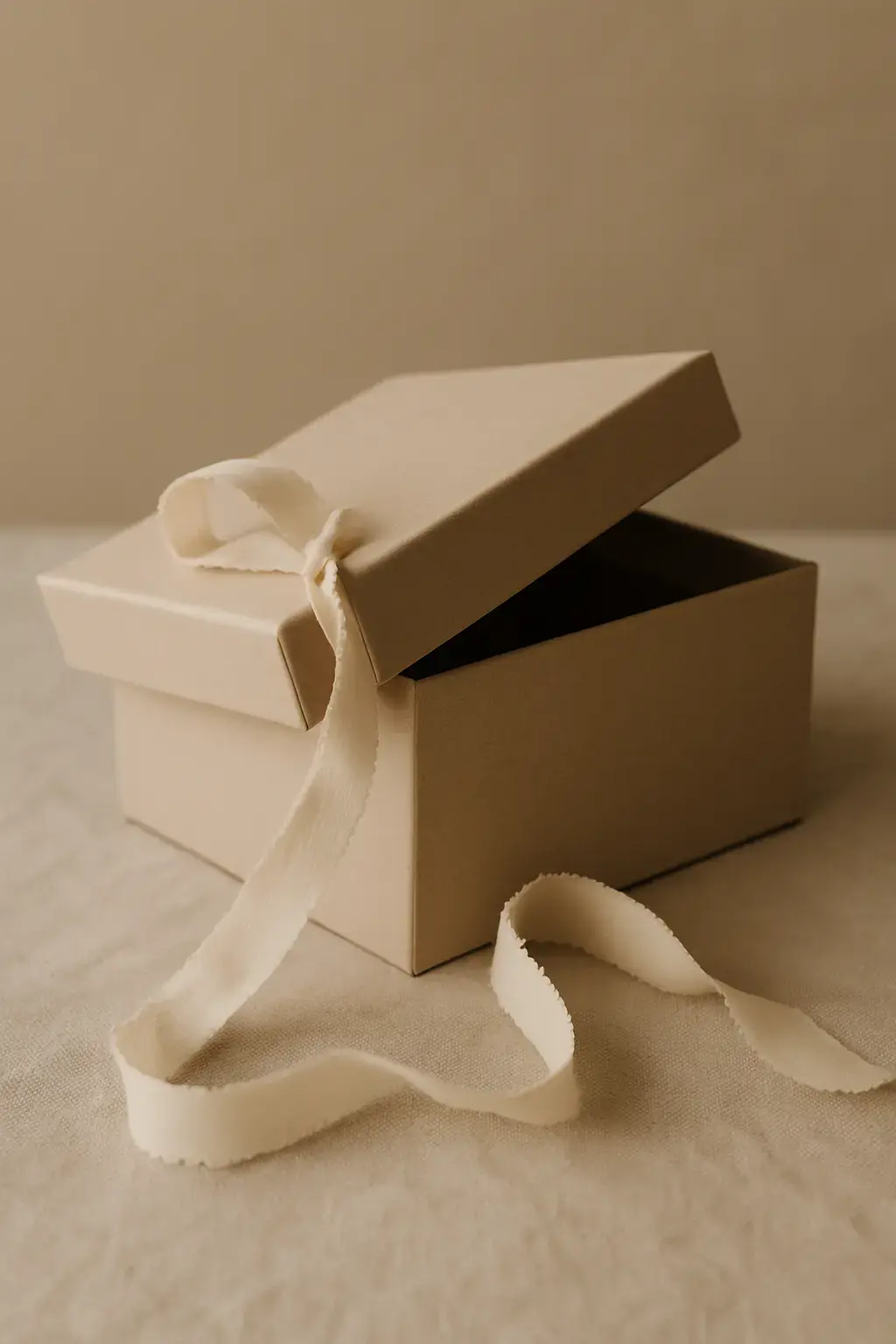 A beige gift box with its lid gently lifted and ribbon undone, resting on a linen surface — capturing the quiet moment after giving.