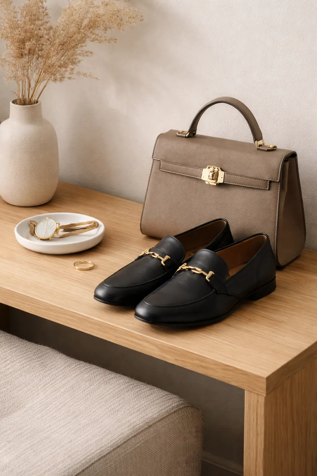 Minimal accessories for a quiet luxury wardrobe: black leather loafers, a structured neutral bag, and a simple watch on a small console.