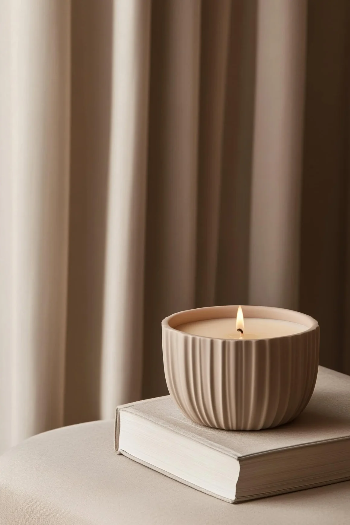 Lit candle on a closed book near softly draped curtains, illustrating the contrast between candles vs electric light in a quiet interior.