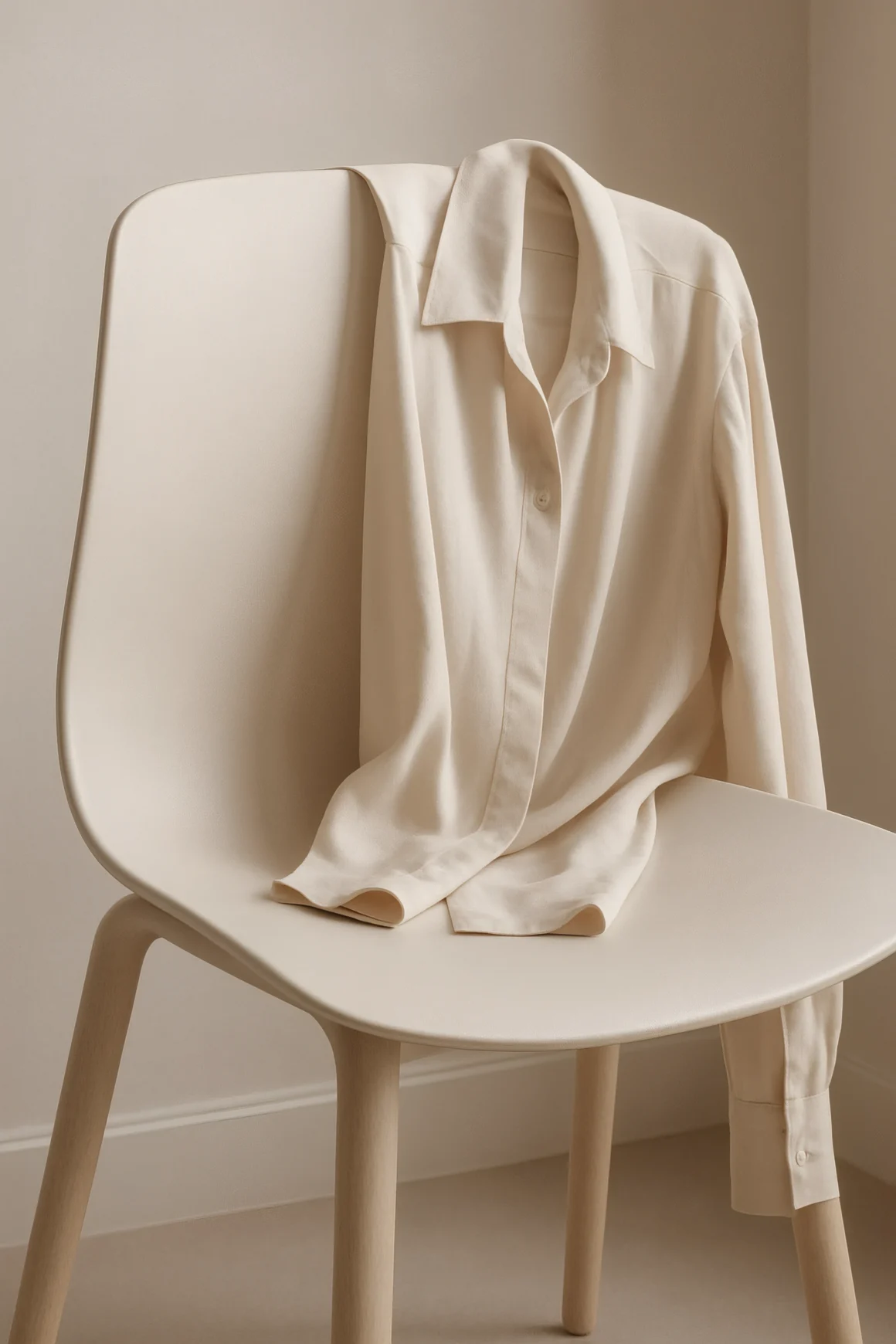 Cream button-up shirt draped over a matching chair in a neutral room.