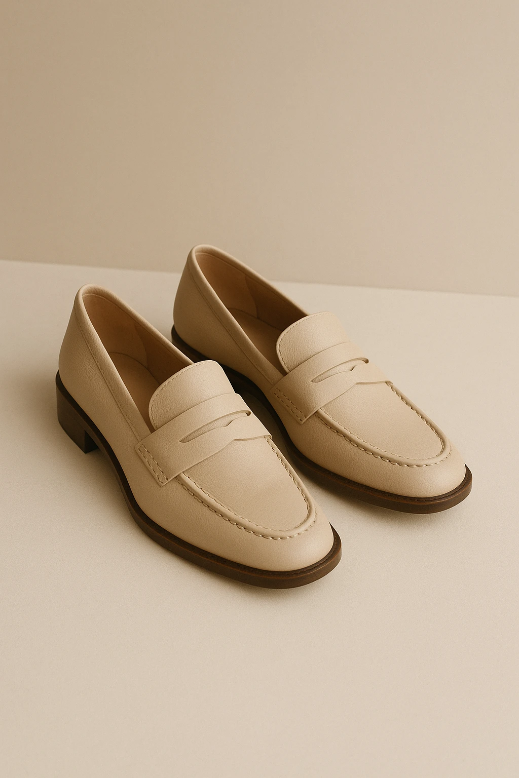Pair of cream leather loafers on a neutral surface, with subtle stitching and low heels.
