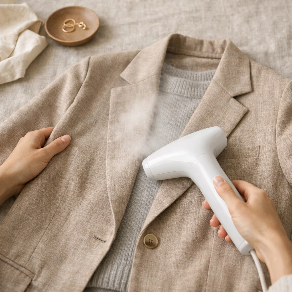 Quiet luxury as practice — steaming a neutral blazer and knit as part of a routine.