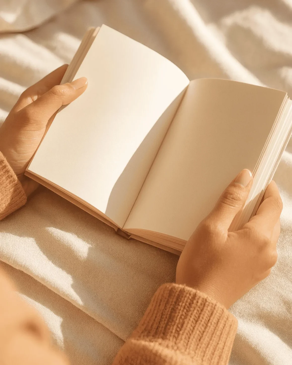 Hands holding an open book in warm, indirect evening light on soft bedding.