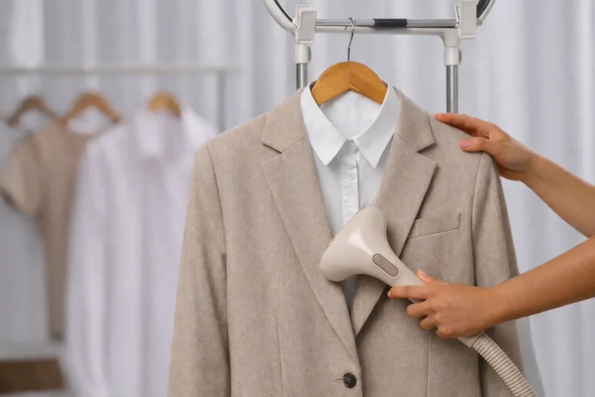 Pressing neutral shirts and blazers hanging neatly on a rail, showing a quiet luxury wardrobe that's been steamed and tailored.