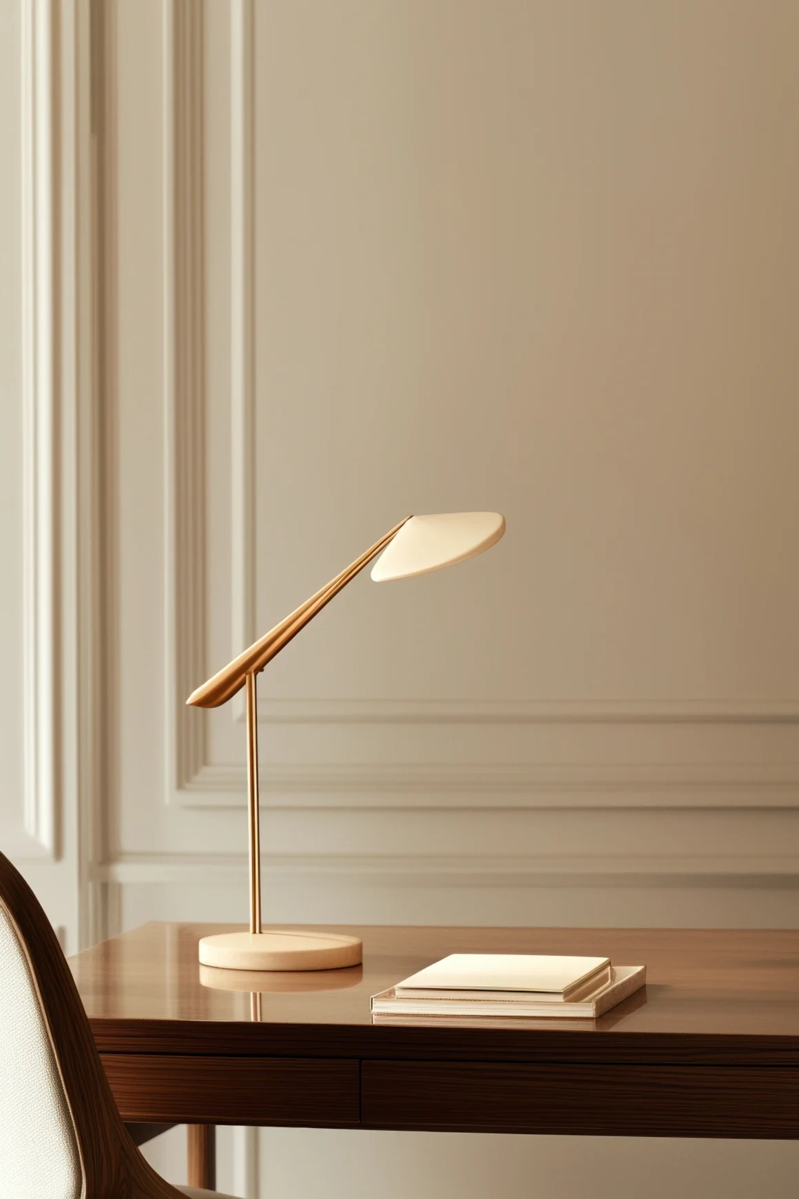 Compact wood desk with a sculptural brass lamp and notebook, creating a calm workspace in a quiet luxury rental.