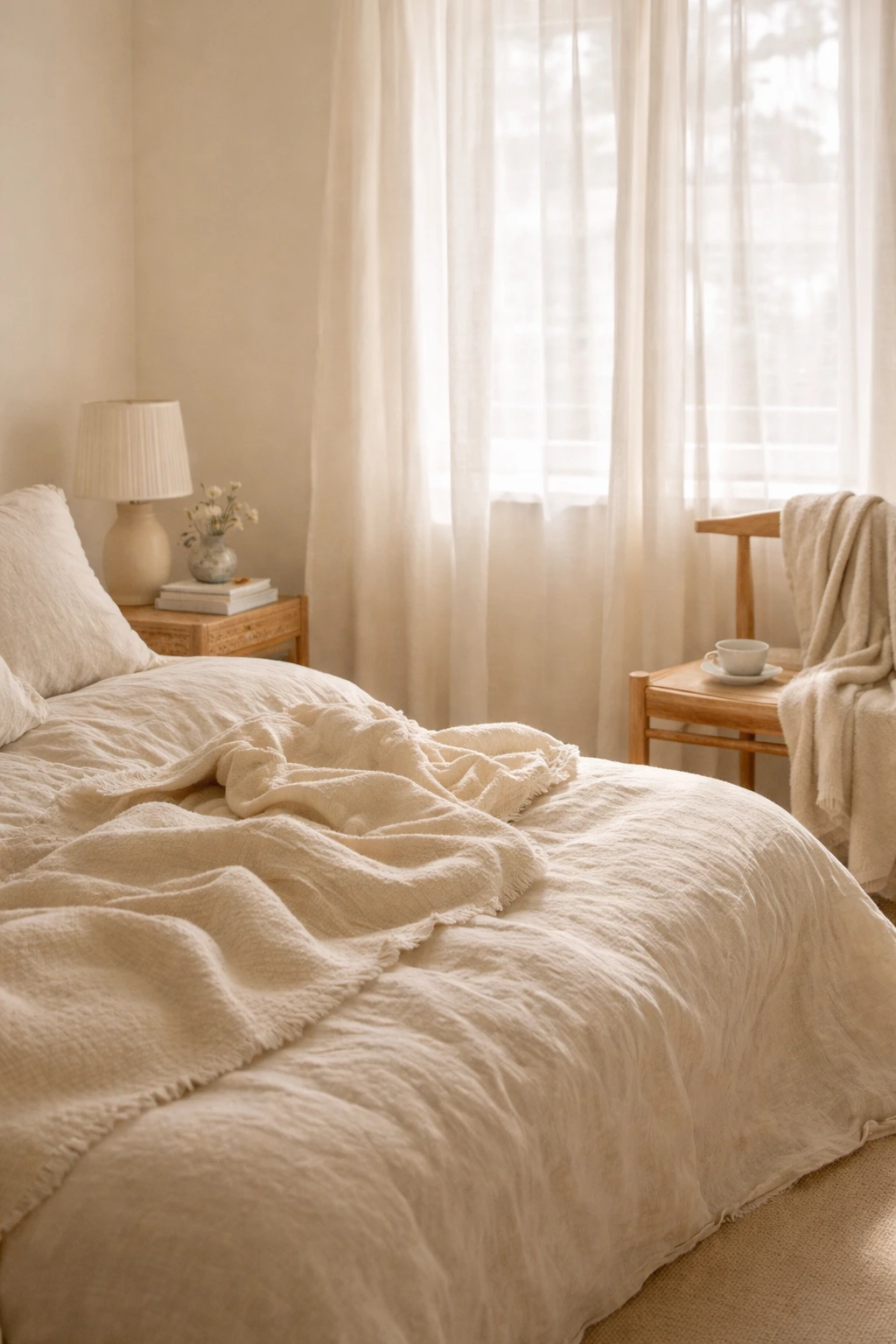 Morning light on a neutral bedroom illustrating the philosophy that quiet luxury is a practice.