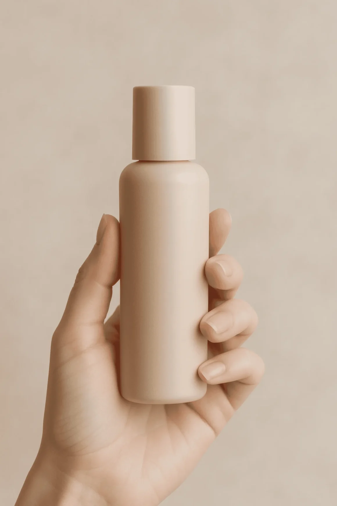 Hand holding a minimalist beige skincare bottle against a soft neutral background.
