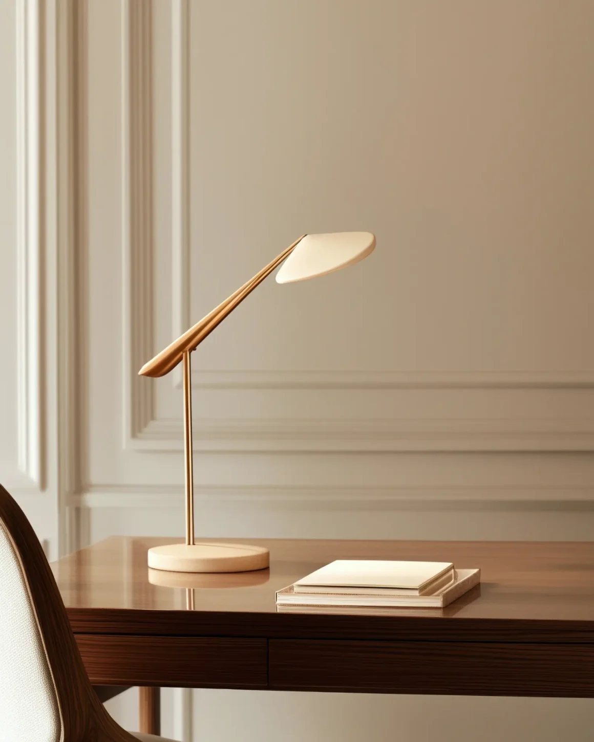 Quiet luxury style concept: minimal desk with warm brass lamp and notebook.
