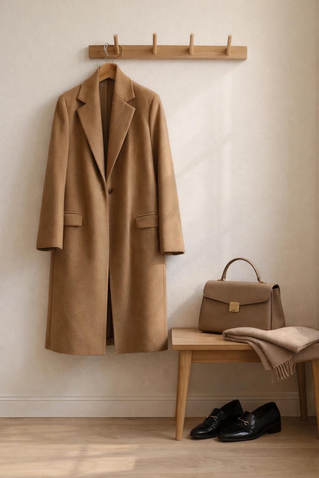 A quiet luxury entryway still life: a camel coat on a peg rail, structured taupe bag, folded scarf, and black loafters on the floor.