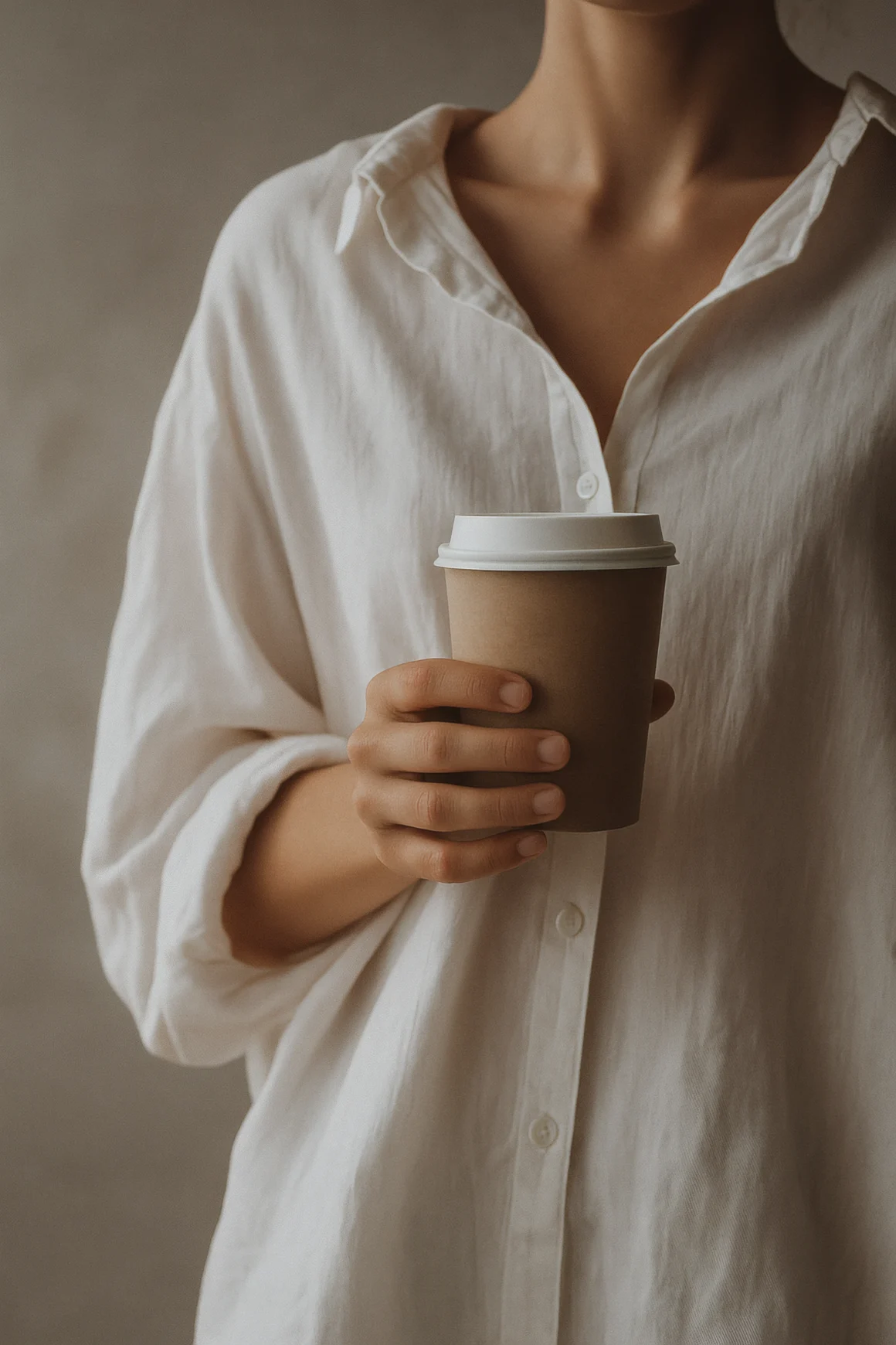 Close-up of a woman in a relaxed white shirt holding a neutral takeaway coffee cup.
