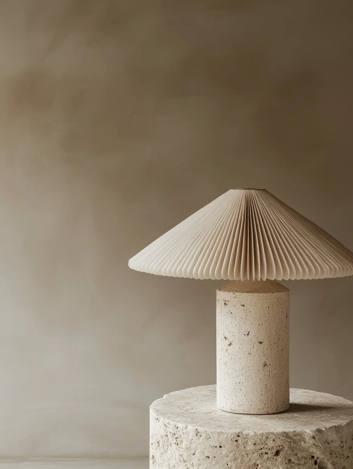 Quiet luxury lighting consisting of a sculptural lamp with pleated accordian shade, concrete body and sitting on a concrete stone table, creating a calm evening atmosphere.