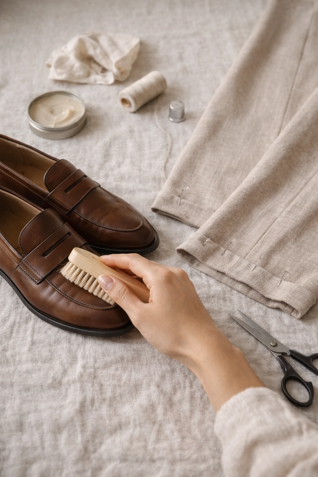 Leather loafers and tailoring details showing care as part of quiet luxury lifestyle practice.