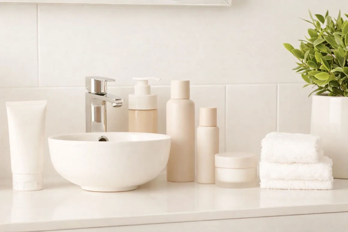 A small collection of quiet luxury skincare arranged on around a sink with folded towels nearby and a small green plant against a neutral tile background.