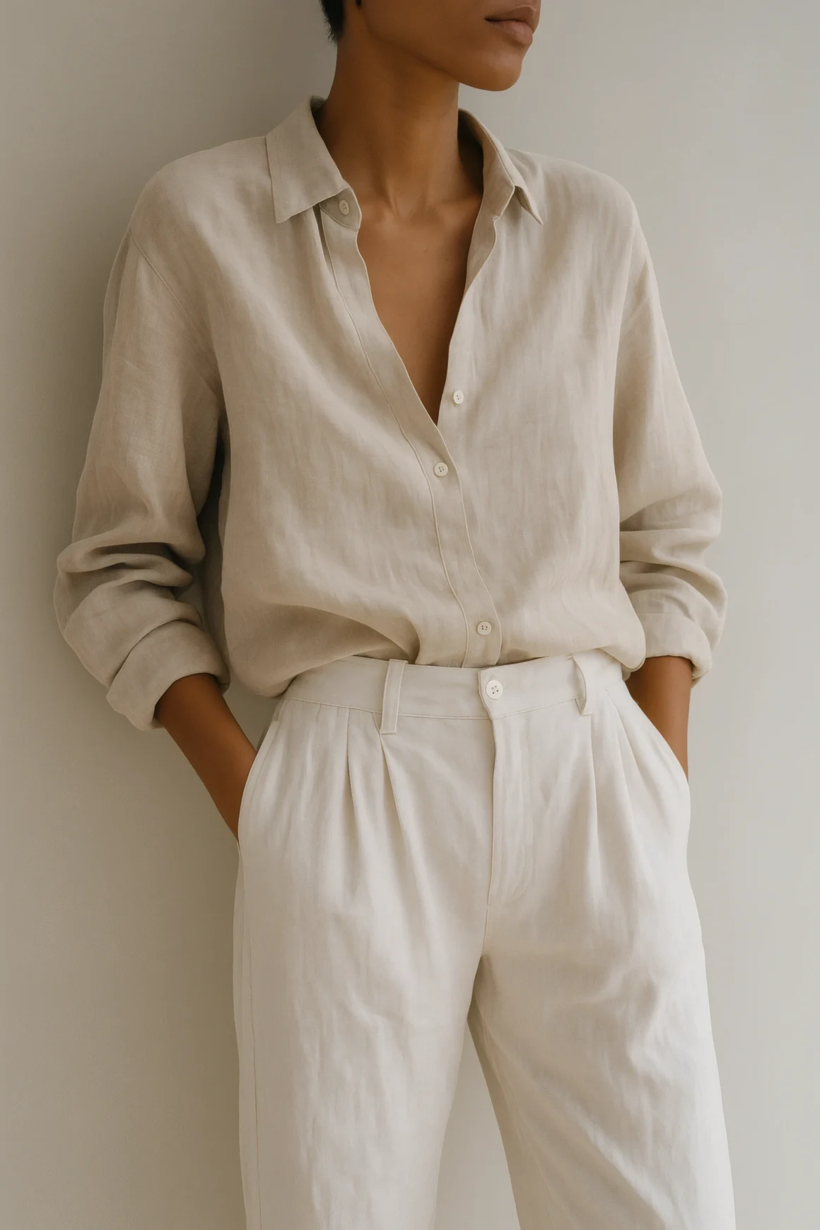 Woman in classic quiet luxury wardrobe: soft linen shirt and pleated trousers in warm neutrals, hands in pockets.