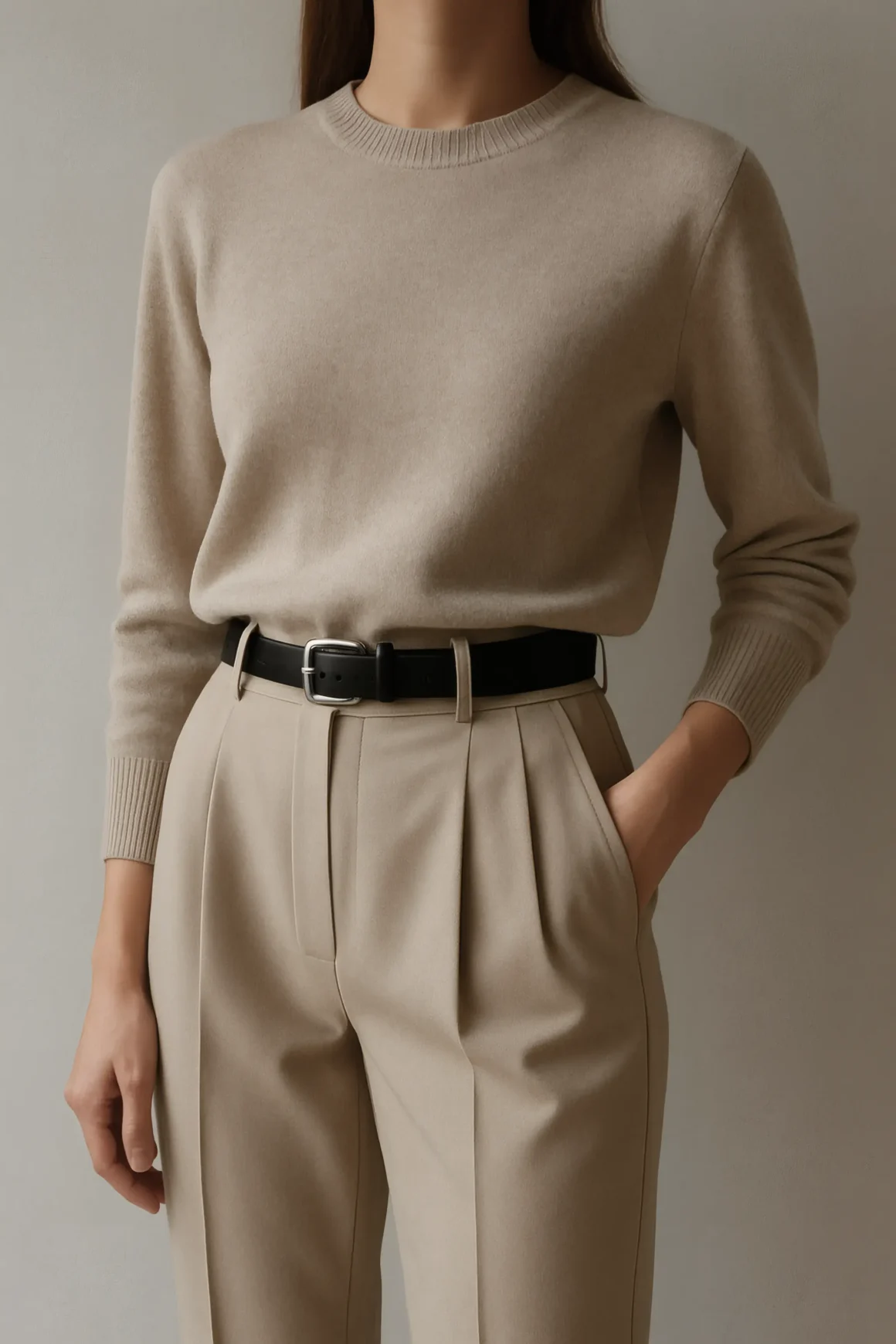 Close-up of a woman wearing a taupe cashmere sweater tucked into tailored beige trousers with a black belt, a quiet luxury work outfit in neutral tones.