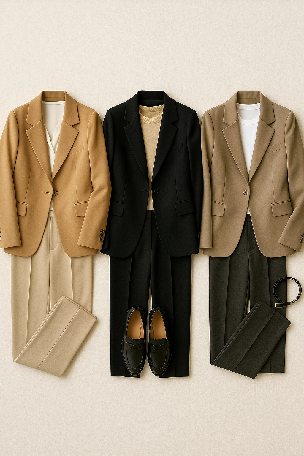 Three neutral suit-based outfits arranged side by side for capsule styling.