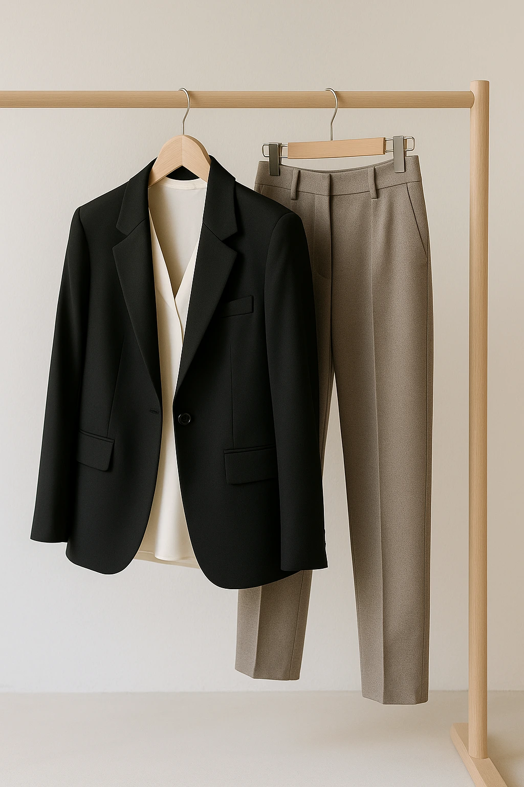 Three pieces from a professional capsule wardrobe: a black blazer and taupe trousers on a minimalist clothing rack.