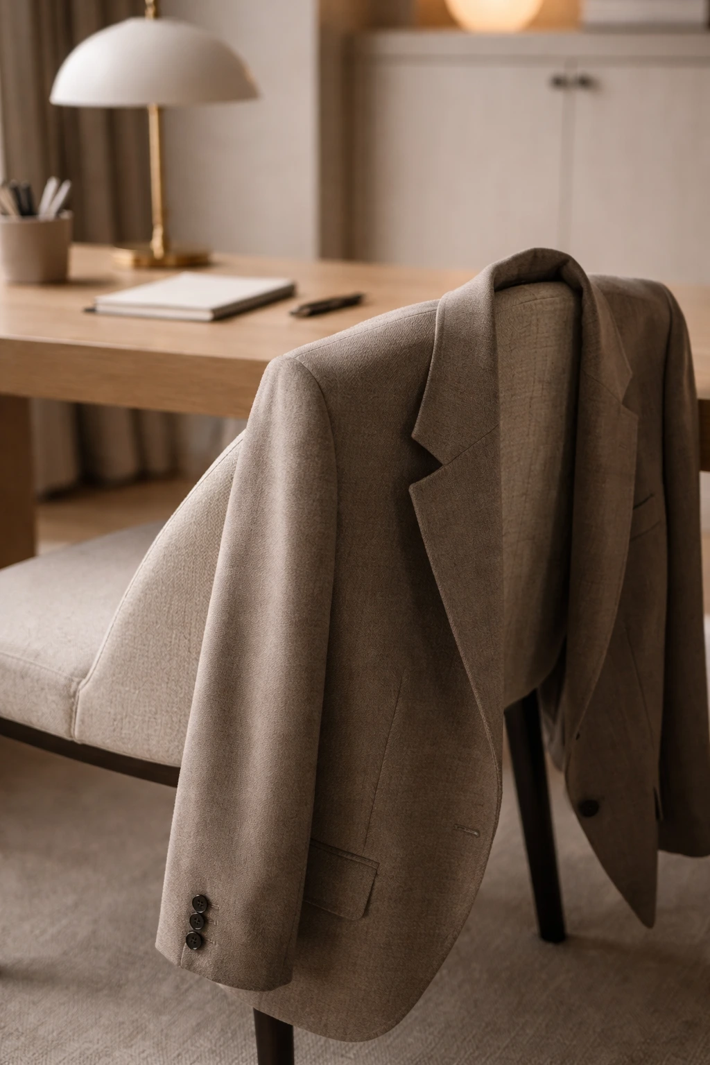 A neutral blazer draped over the back of an office chair, demonstrating that dressing for authority involves presence without performance.