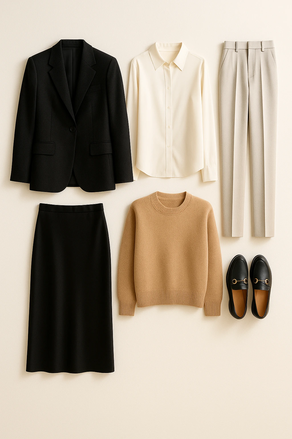 Quiet authority capsule essentials laid out: blazer, shirt, trousers, knit, skirt, loafers.