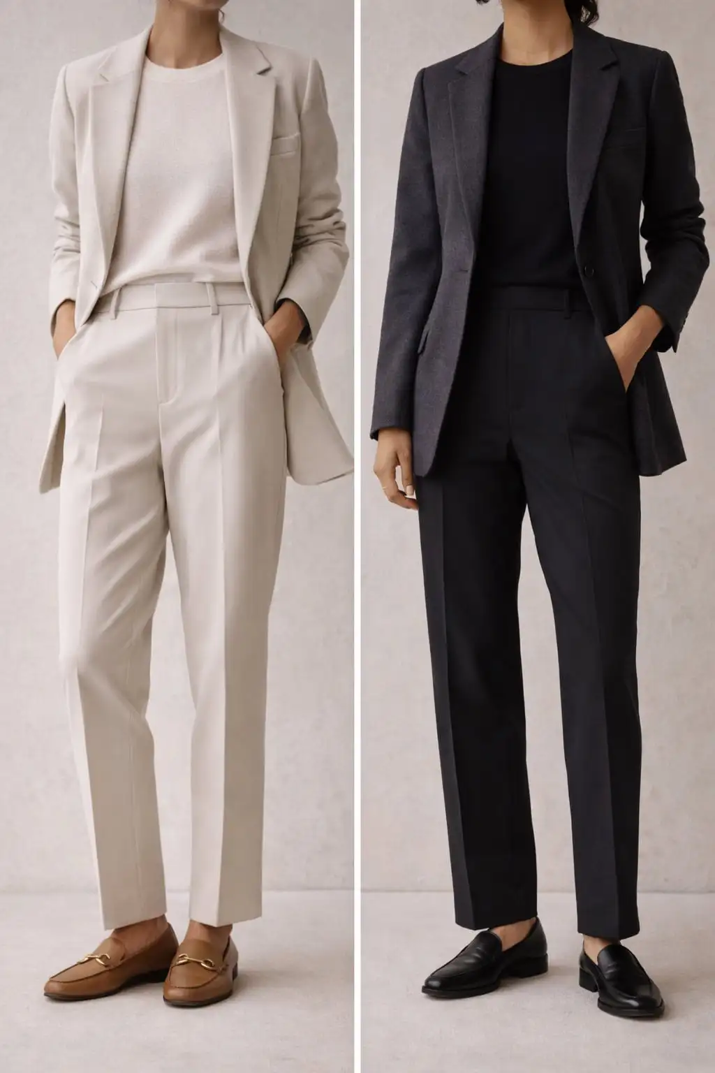 Two polished but comfortable work outfits-one light palette, one dark-modern capsule formulas without faces.
