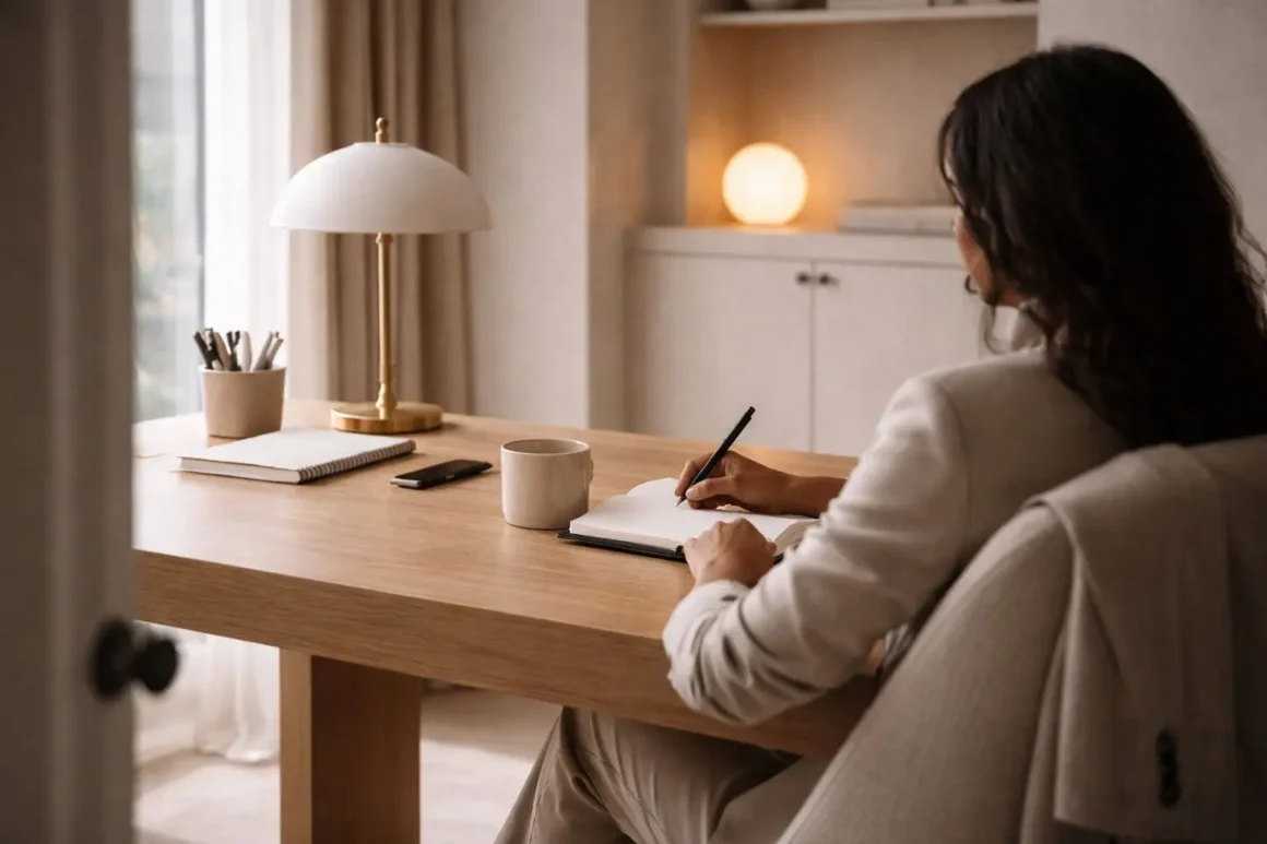 Calm home office scene-seated at a desk in soft light, a quiet backdrop for comfortable work outfits.