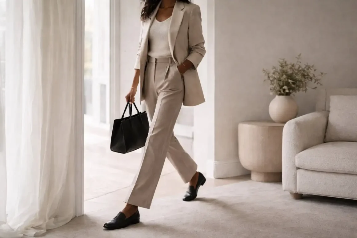 A modern workwear moment in soft light-low heel and tailored silhouette, comfortable work outfit energy.