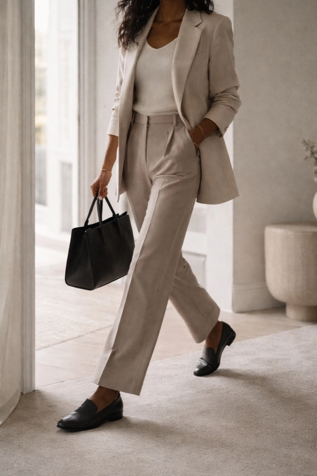 Polished but comfortable work outfit in motion-loafer step through a doorway, soft light, editorial detail.