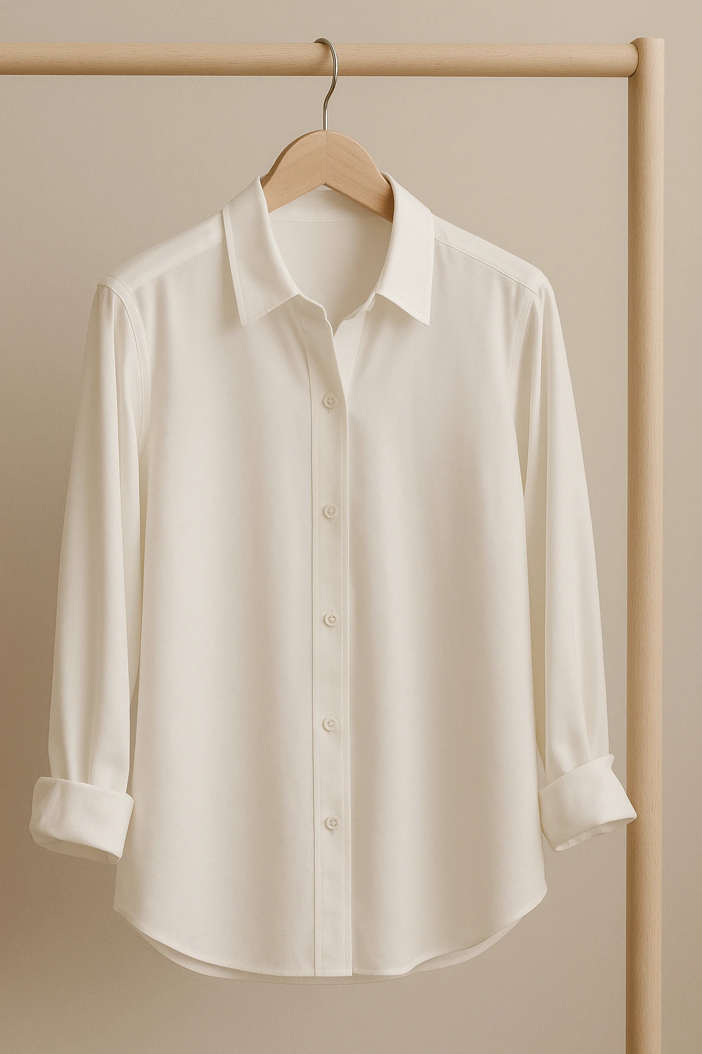 Ivory button-down shirt on wooden hanger against a neutral wall.