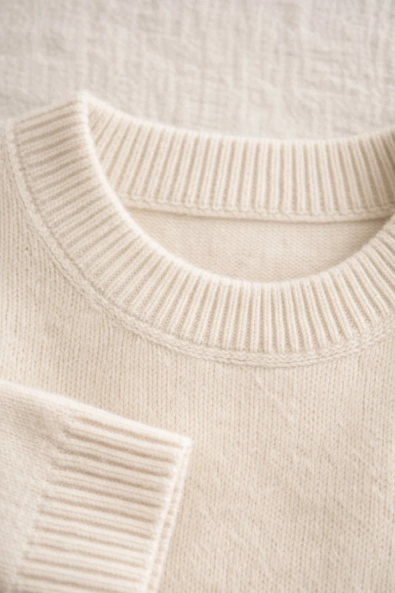 Close up of a soft cream cashmere collar, reflecting the feeling friction giving way to ease after learning how to start a quiet luxury wardrobe.