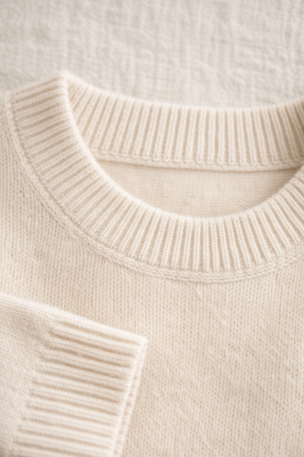 Close-up of a cream structured knit sweater showing dense ribbing and a clean neckline seam with no stretching or rolling, one of the 3 pieces that make comfort look polished.