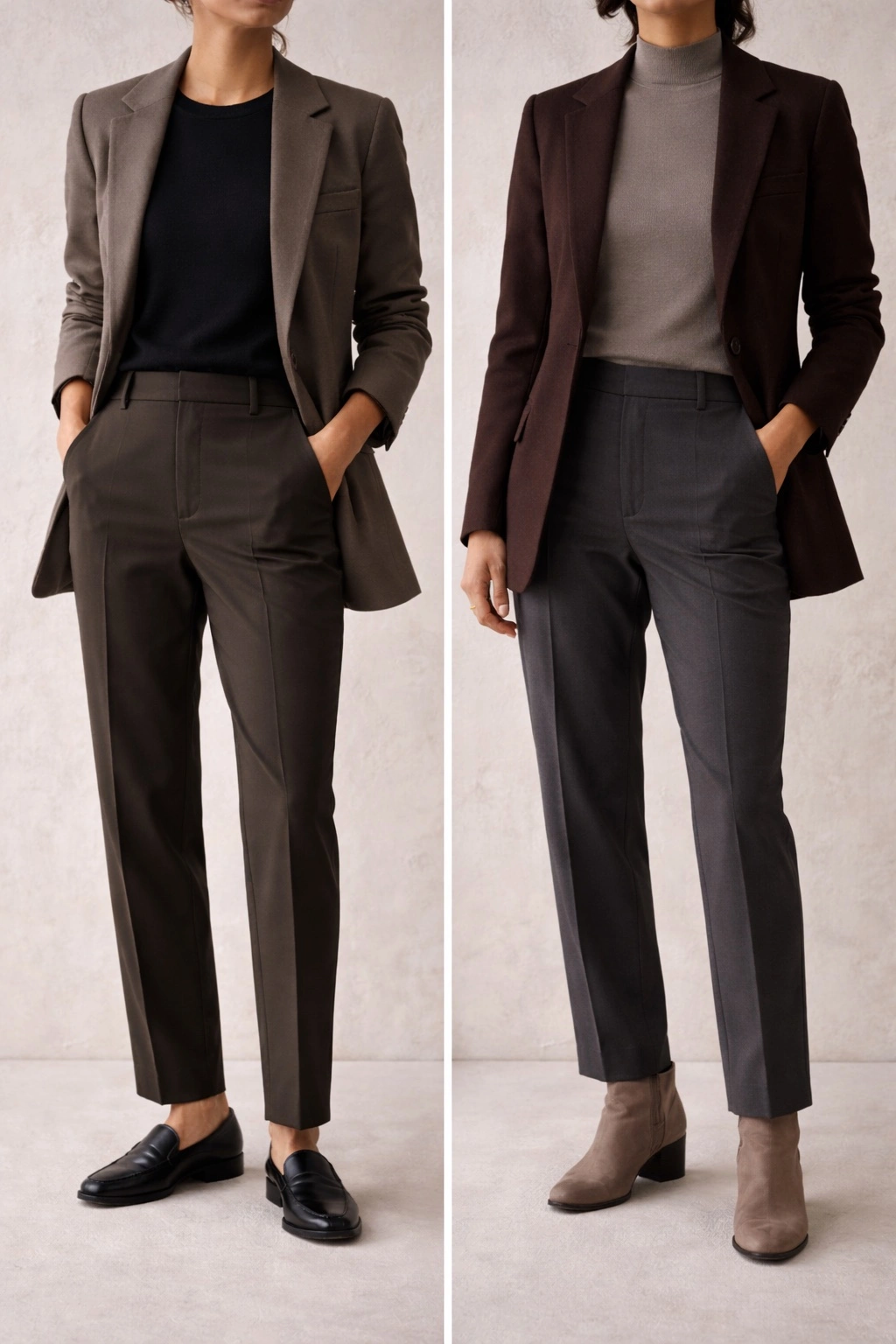 Two polished. but comfortable outfit formulas shown in neutral tones, demonstrating ease with structure for everyday wear.