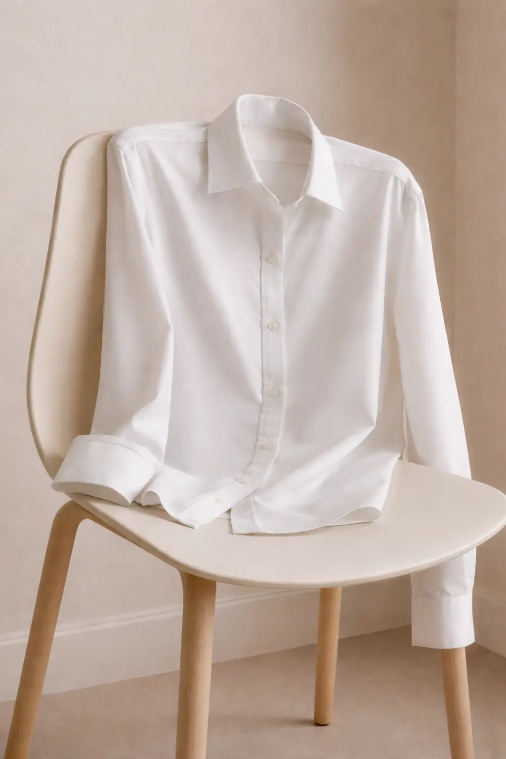 Structured cotton button-down shirt draped over a chair showing low fabric drape and crisp lines.