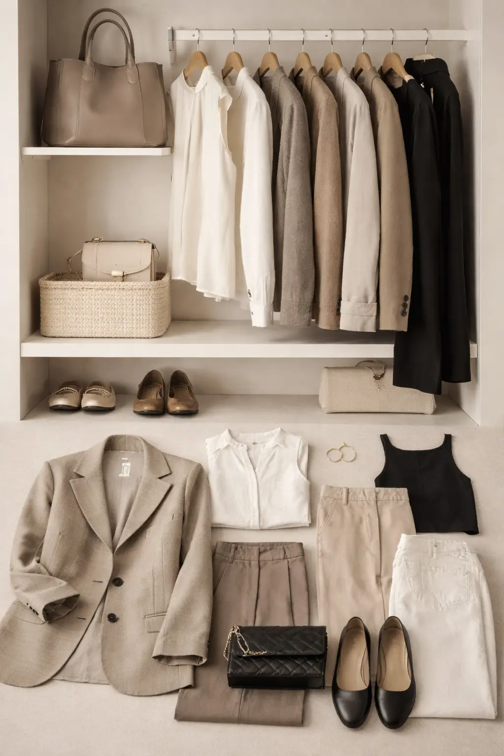 Minimal capsule wardrobe with neutral pieces arranged for clarity and cohesion.